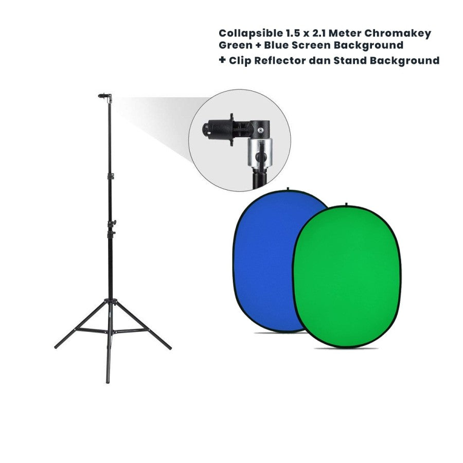 Collapsible Chromakey Green + Blue Screen Background + Clip Background + Light Stand