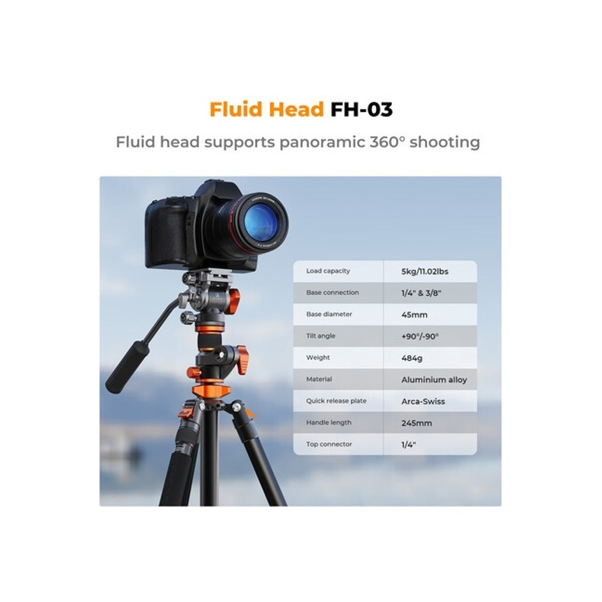 K&F Concept T254A7 Video Tripod with FH-03 Fluid Head