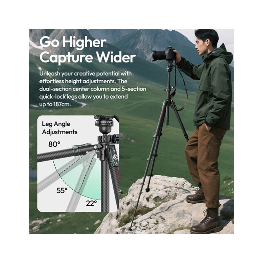 Ulanzi GlideGo JJ06 Carbon Fiber Travel Video Tripod with UKA Quick Release Head