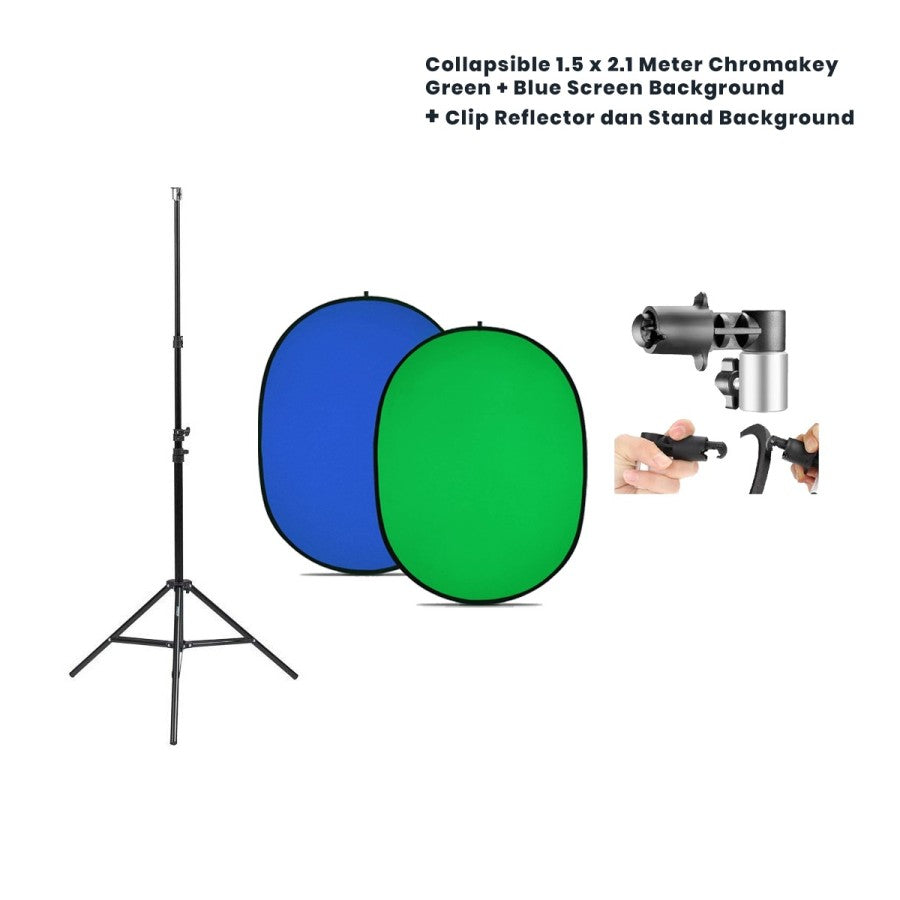 Collapsible Chromakey Green + Blue Screen Background + Clip Background + Light Stand